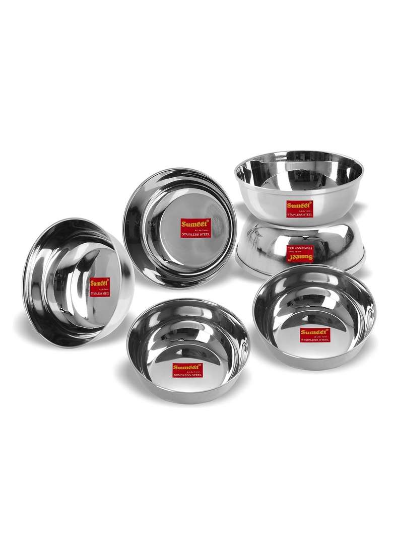 Sumeet Stainless Steel Heavy Gauge Bowl Set Wati Set with Mirror Finish Dia | 200 ml | 6.8 fl oz | 10 cm | 3.9 Inch | Pack of 6 - Indya