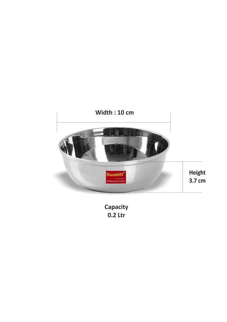 Sumeet Stainless Steel Heavy Gauge Bowl Set Wati Set with Mirror Finish Dia | 200 ml | 6.8 fl oz | 10 cm | 3.9 Inch | Pack of 6 - Indya