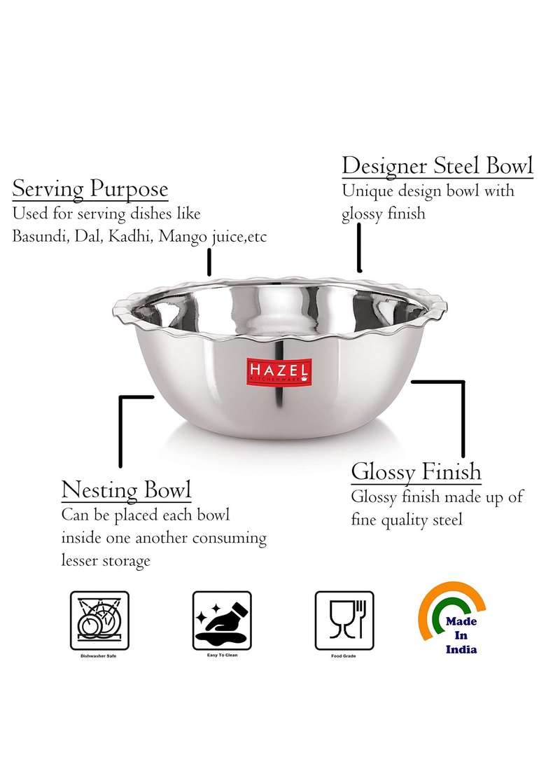 HAZEL Stainless Steel Serving Bowl Wati Vati Katori | 400 ml | 13.5 fl oz | 13.5 cm | 5.3 Inch - Indya
