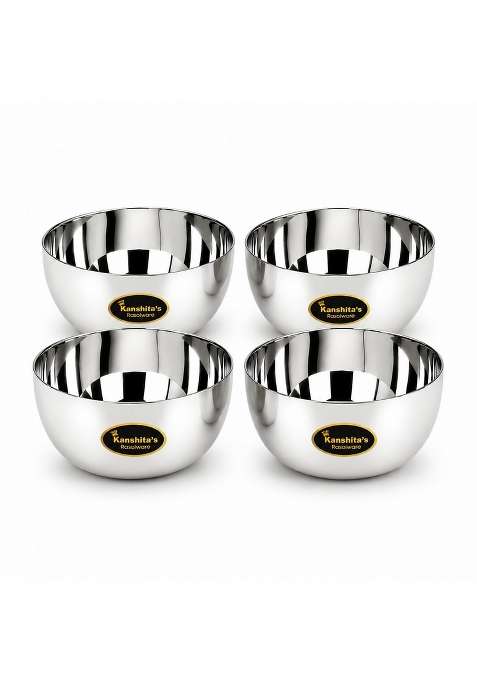 Kanshita's Rasoiware Stainless Steel Heavy Gauge Solid Bowl Wati Set with Mirror Finish | 300 ml | 10.1 fl oz | 10 cm | 3.9 Inch | 4-Piece Set