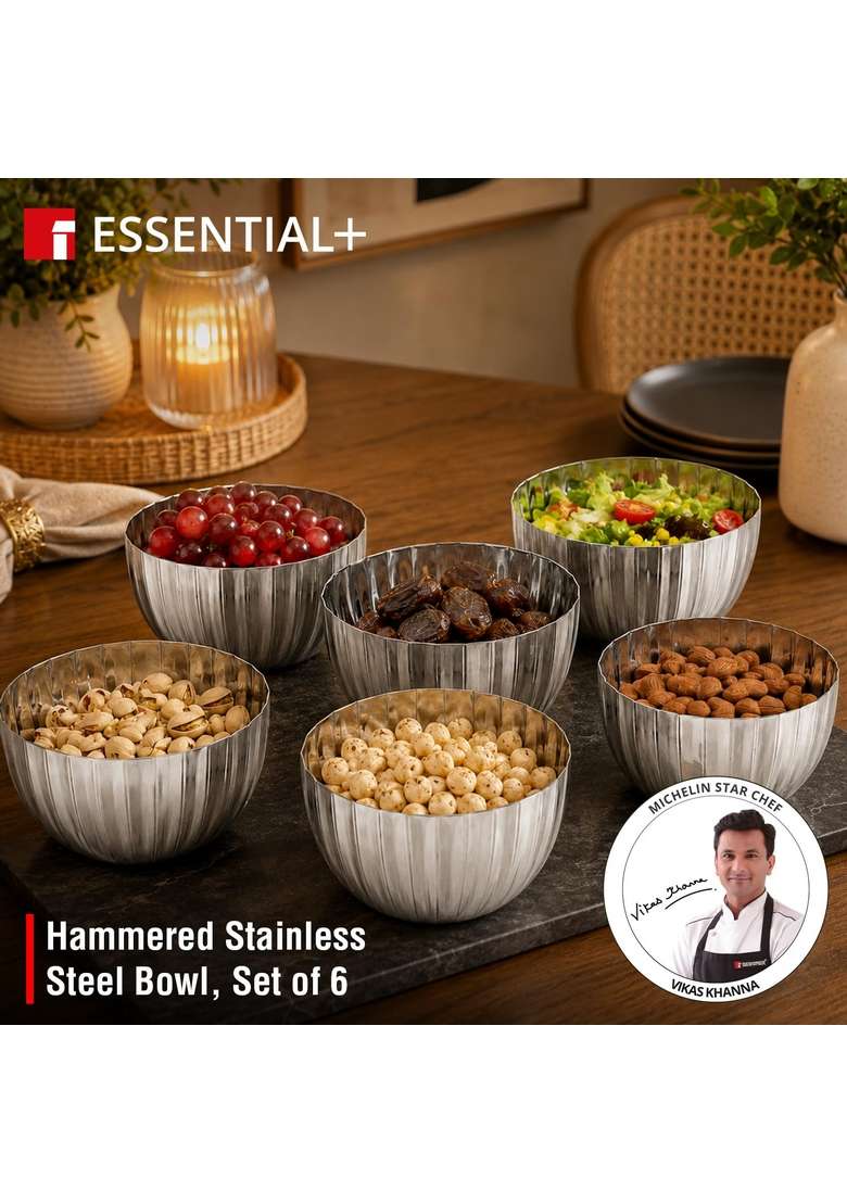Bergner Essential Plus Signature 304 Stainless Steel Hammered Design Bowl Set | 350 ml | 11.8 fl oz | Pack of 6 | BPA Free - Indya
