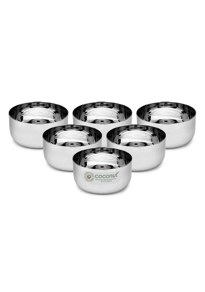 coconut Stainless Steel Sada Bowl Vati Katori | 200 ml | 6.8 fl oz | 6-Piece Set | Rust Resistant - Indya
