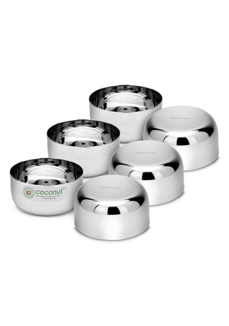 coconut Stainless Steel Sada Bowl Vati Katori | 200 ml | 6.8 fl oz | 6-Piece Set | Rust Resistant - Indya