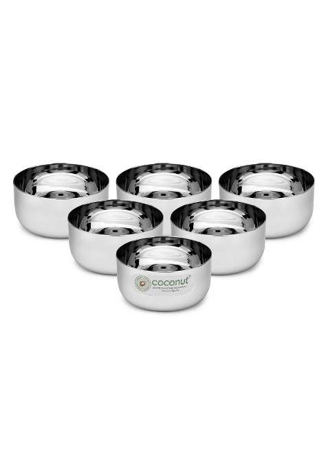Coconut Stainless Steel Sada Bowl Vati Katori | 200 ml | 6.8 fl oz | 6-Piece Set | Rust Resistant