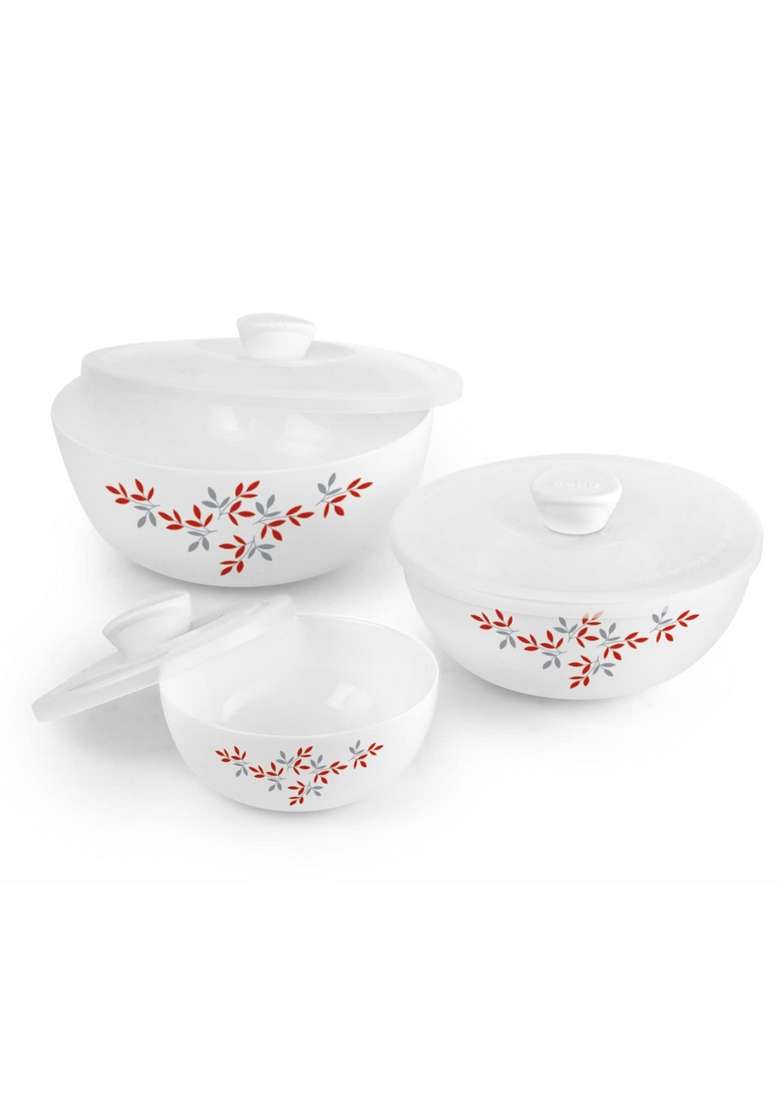 CELLO Opalware Twilight Floral Mixing Bowl Set with Lids | 500 ml | 16.9 fl oz | 3-Piece Set | Dishwasher Safe | Microwave Safe | With Lid - Indya
