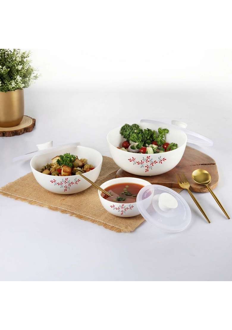 CELLO Opalware Twilight Floral Mixing Bowl Set with Lids | 500 ml | 16.9 fl oz | 3-Piece Set | Dishwasher Safe | Microwave Safe | With Lid - Indya