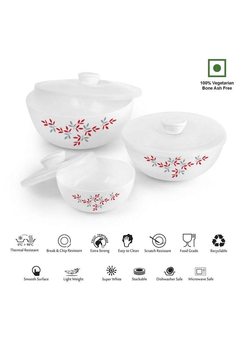 CELLO Opalware Twilight Floral Mixing Bowl Set with Lids | 500 ml | 16.9 fl oz | 3-Piece Set | Dishwasher Safe | Microwave Safe | With Lid - Indya
