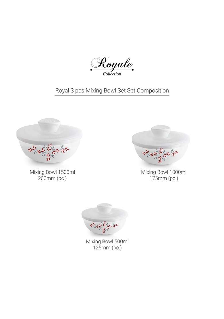 CELLO Opalware Twilight Floral Mixing Bowl Set with Lids | 500 ml | 16.9 fl oz | 3-Piece Set | Dishwasher Safe | Microwave Safe | With Lid - Indya