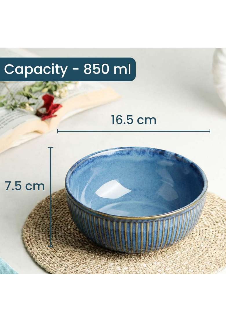 The Earth Store Glam Blue Ceramic Serving Bowl | 850 ml | 28.7 fl oz | Dishwasher Safe | Microwave Safe - Indya