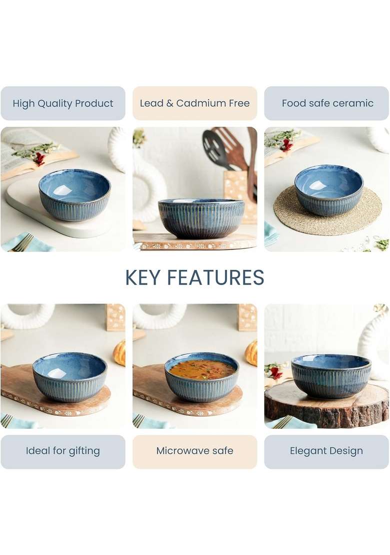 The Earth Store Glam Blue Ceramic Serving Bowl | 850 ml | 28.7 fl oz | Dishwasher Safe | Microwave Safe - Indya