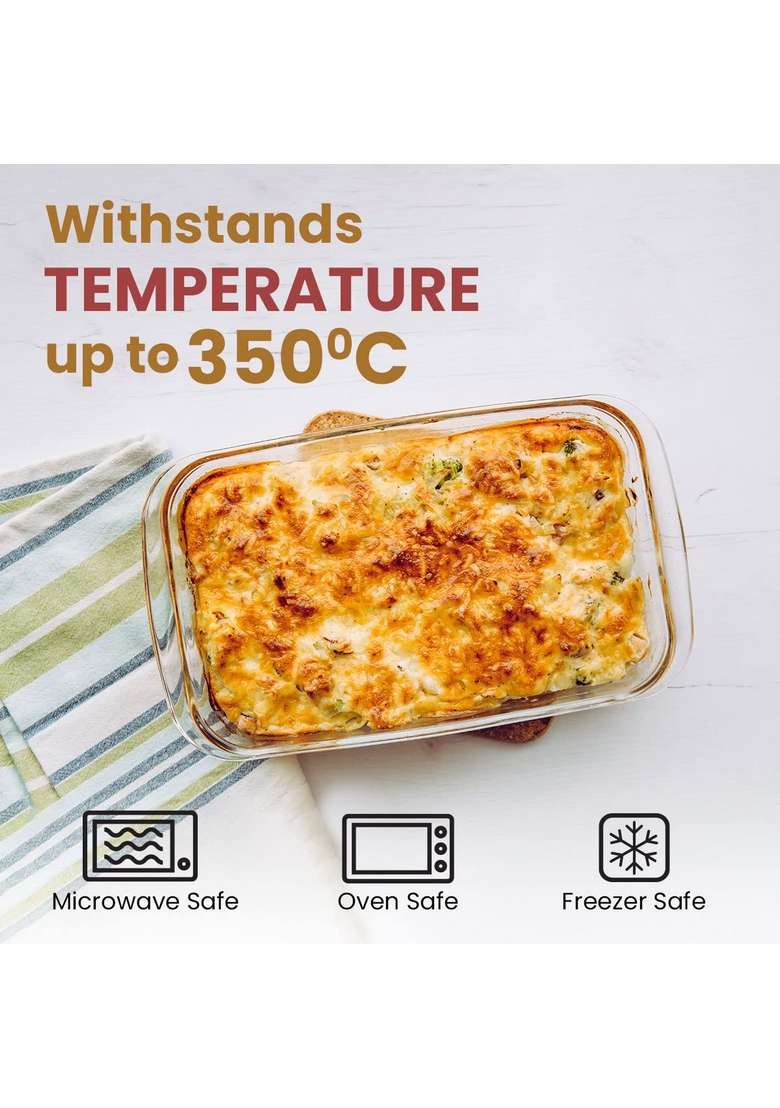 AGARO Elite Borosilicate Glass Baking Tray for Kitchen | 1600 ml | 54.1 fl oz | Dishwasher Safe | Microwave Safe - Indya