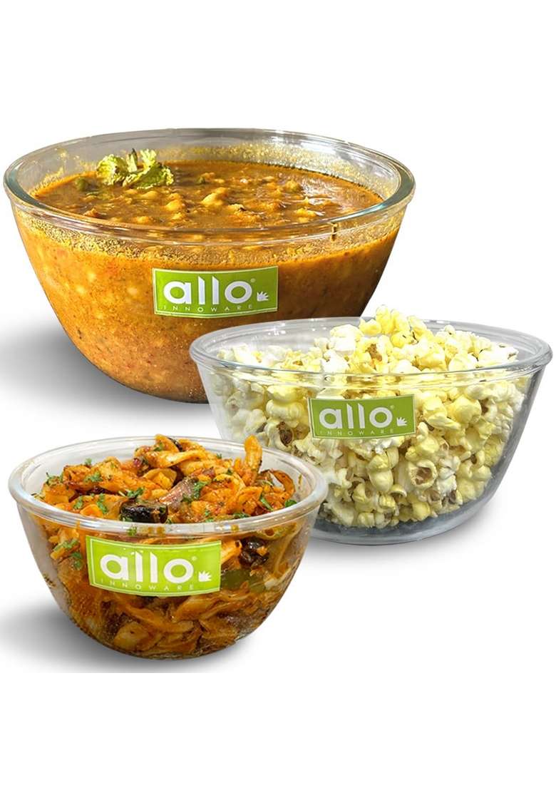 Allo Food Safe Borosilicate Glass Mixing and Serving Bowls for Kitchen | 500 ml | 16.9 fl oz | 3-Piece Set | Dishwasher Safe | Microwave Safe - Indya