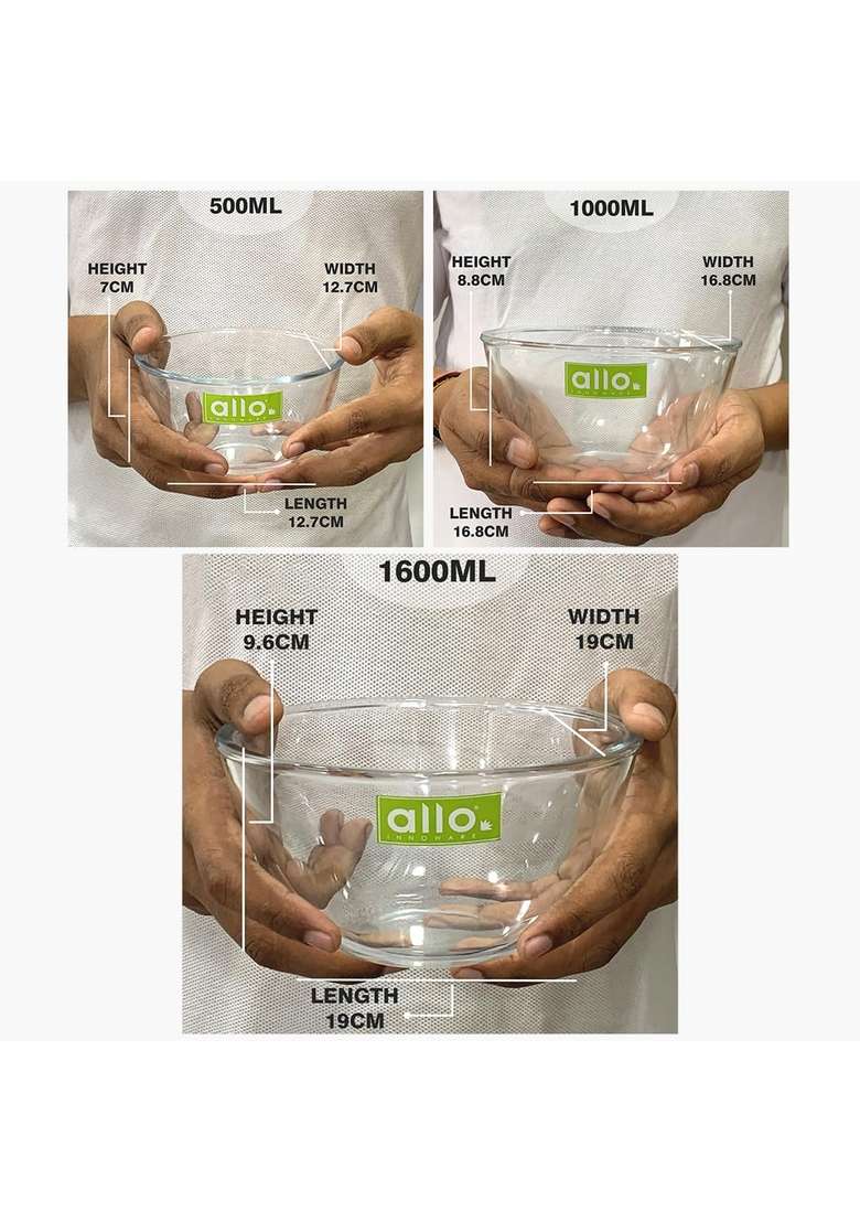 Allo Food Safe Borosilicate Glass Mixing and Serving Bowls for Kitchen | 500 ml | 16.9 fl oz | 3-Piece Set | Dishwasher Safe | Microwave Safe - Indya