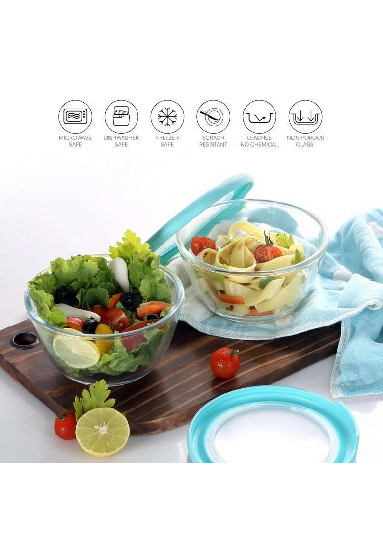 CELLO Ornella Round Glass Mixing Bowls for Kitchen with Lid Pieces | 500 ml | 16.9 fl oz | 2-Piece Set | Dishwasher Safe | Microwave Safe - Indya
