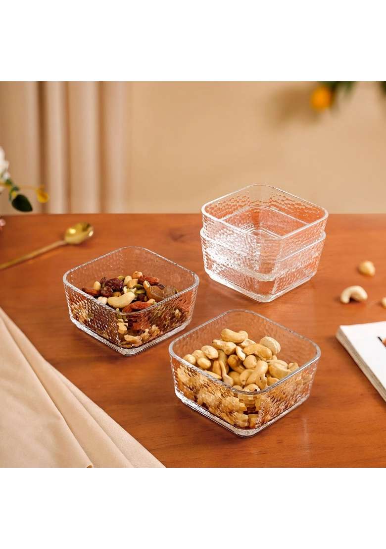 Nestasia Square Glass Bowls | 300 ml | 10.1 fl oz | 4-Piece Set | Dishwasher Safe | Microwave Safe - Indya