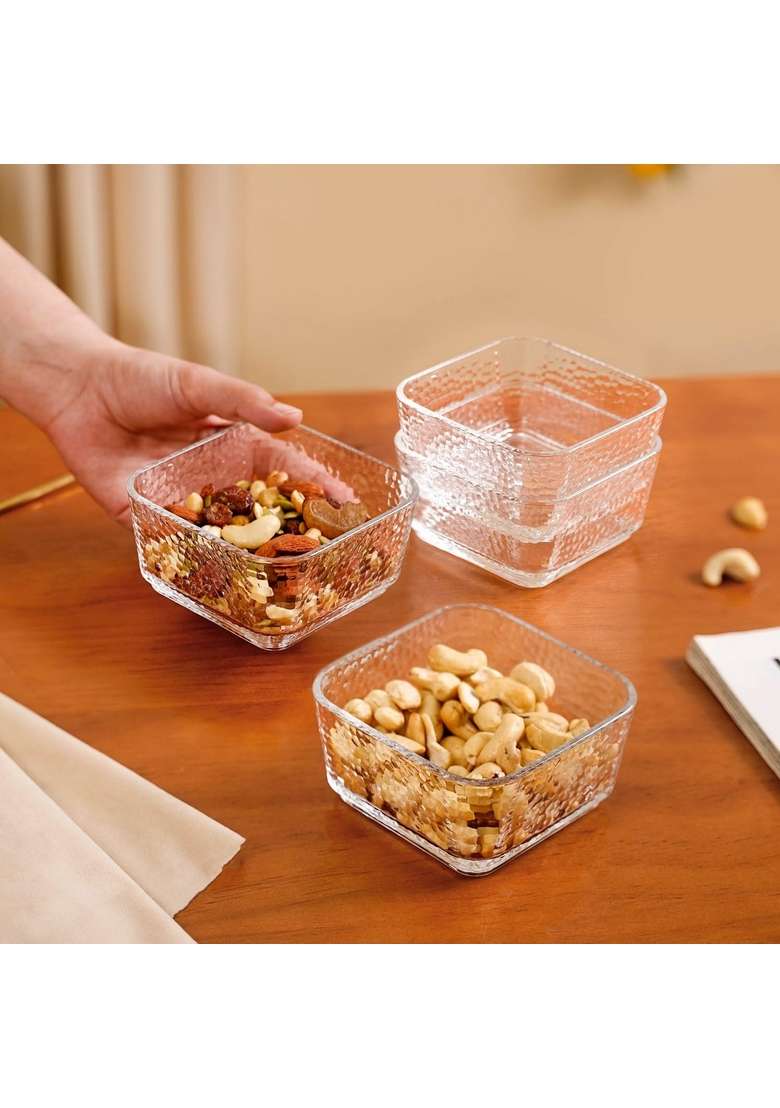 Nestasia Square Glass Bowls | 300 ml | 10.1 fl oz | 4-Piece Set | Dishwasher Safe | Microwave Safe - Indya