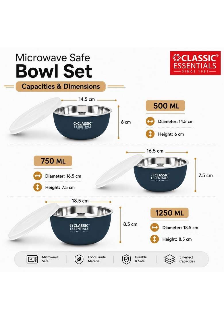CLASSIC ESSENTIALS Stainless Steel Microwave Safe Mixing Bowls Set with Lids | 500 ml | 16.9 fl oz | 3-Piece Set | With Lid - Indya