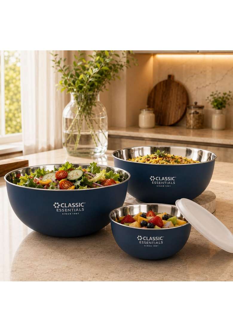 CLASSIC ESSENTIALS Stainless Steel Microwave Safe Mixing Bowls Set with Lids | 500 ml | 16.9 fl oz | 3-Piece Set | With Lid - Indya