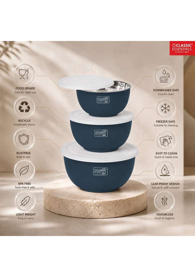 CLASSIC ESSENTIALS Stainless Steel Microwave Safe Mixing Bowls Set with Lids | 500 ml | 16.9 fl oz | 3-Piece Set | With Lid - Indya