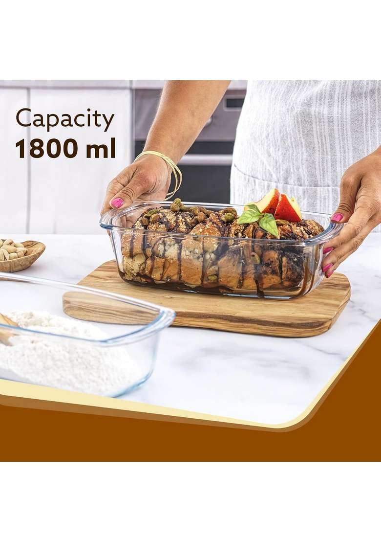 AGARO Elite Glass Loaf Tray Rectangular | 1800 ml | 60.9 fl oz | Microwave Safe - Indya