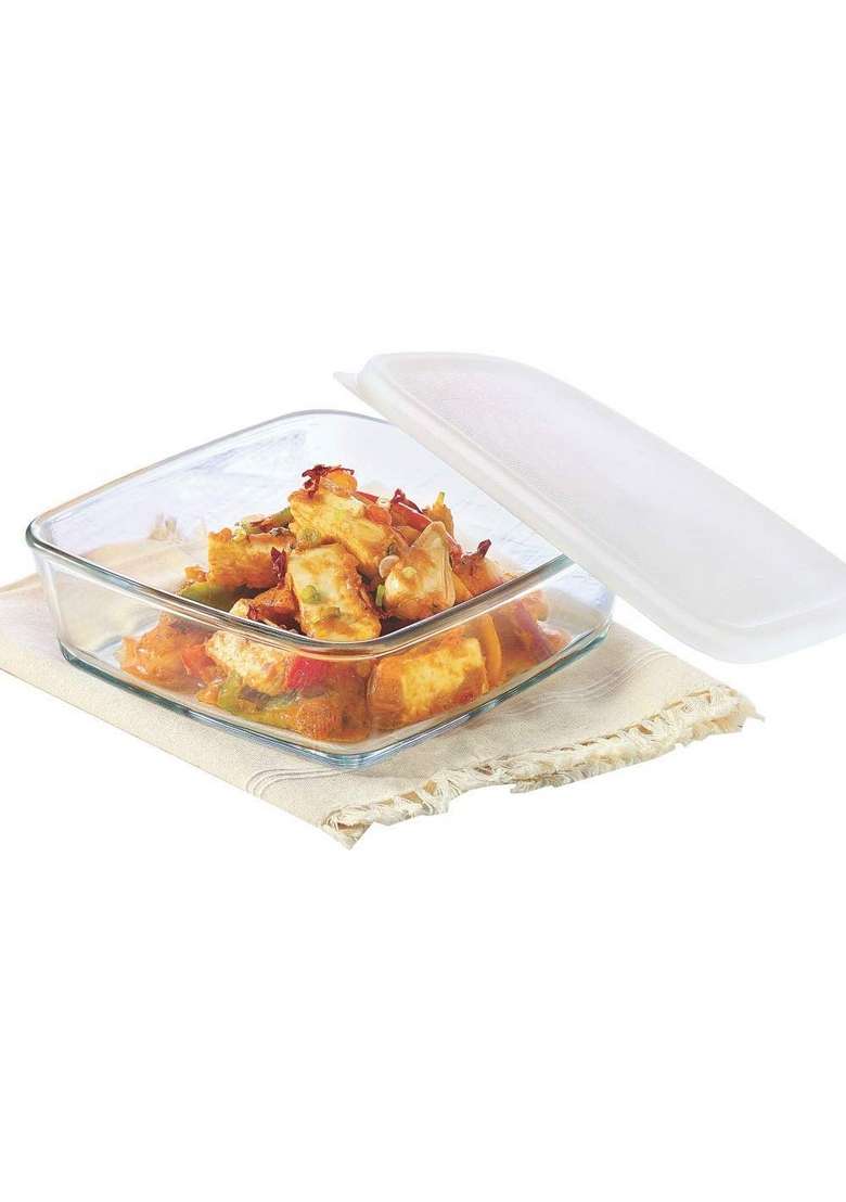 Borosil Baking and Serving Square Shape Dish with White Lid | 1.6 L | 1.7 Qt | Dishwasher Safe | Microwave Safe - Indya