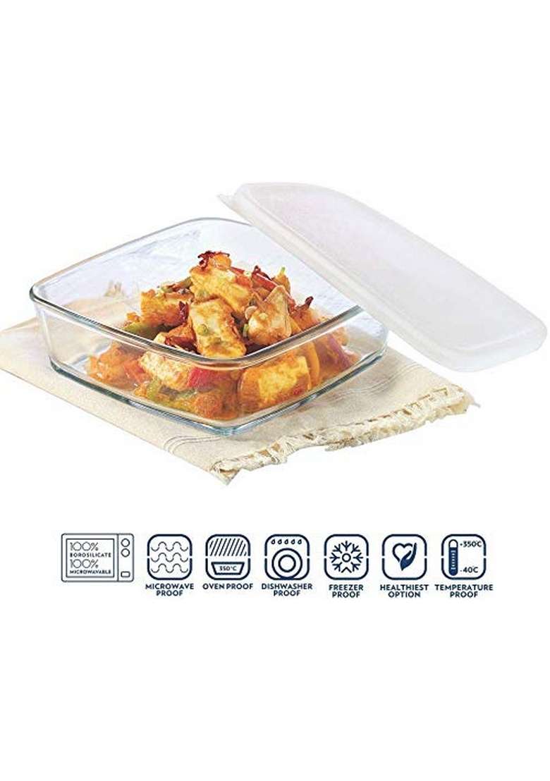 Borosil Baking and Serving Square Shape Dish with White Lid | 1.6 L | 1.7 Qt | Dishwasher Safe | Microwave Safe - Indya