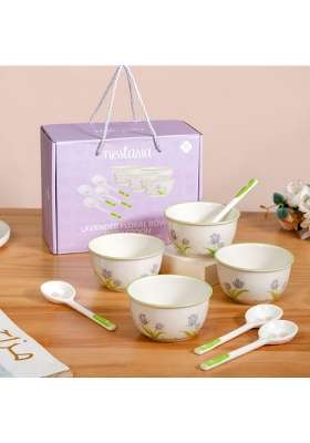 Nestasia Ceramic Soup Bowl with Spoon | 400 ml | 13.5 fl oz | 4-Piece Set | Microwave Safe