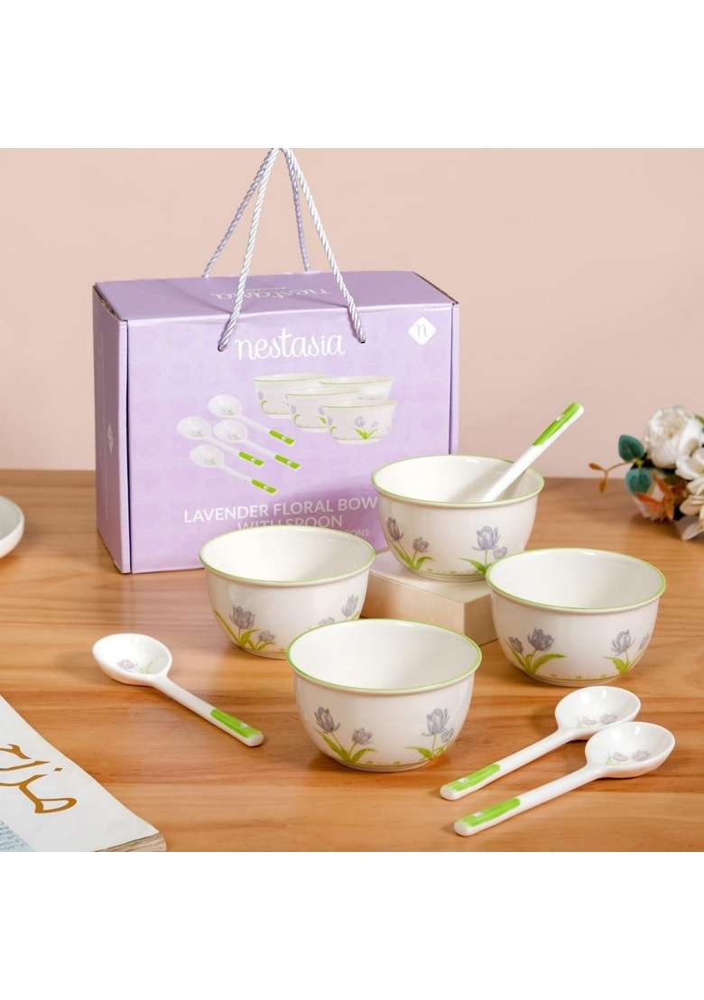 Nestasia Ceramic Soup Bowl with Spoon | 400 ml | 13.5 fl oz | 4-Piece Set | Microwave Safe - Indya