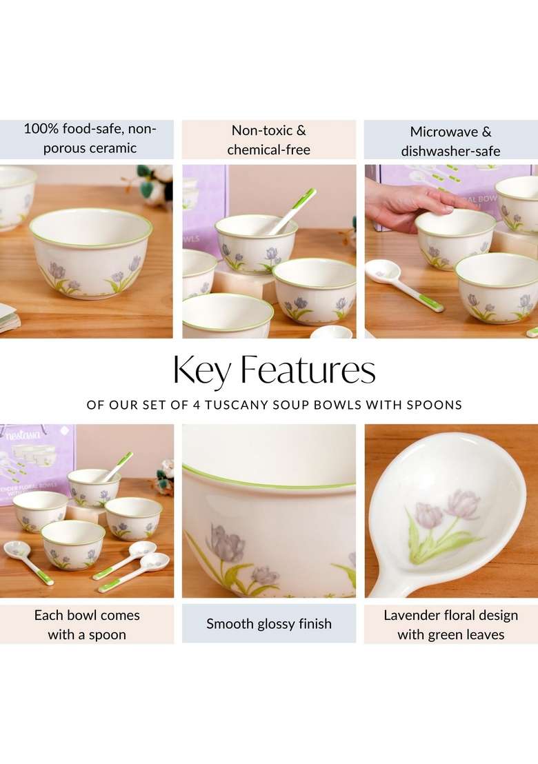 Nestasia Ceramic Soup Bowl with Spoon | 400 ml | 13.5 fl oz | 4-Piece Set | Microwave Safe - Indya
