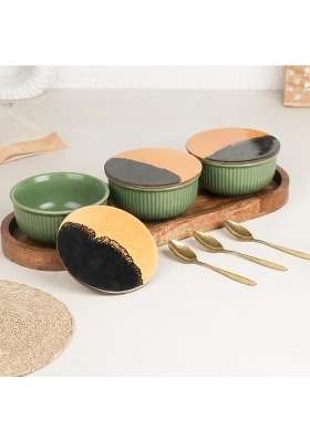 The Earth Store Green Fringe Ceramic Bowl Serving Set | 500 ml | 16.9 fl oz