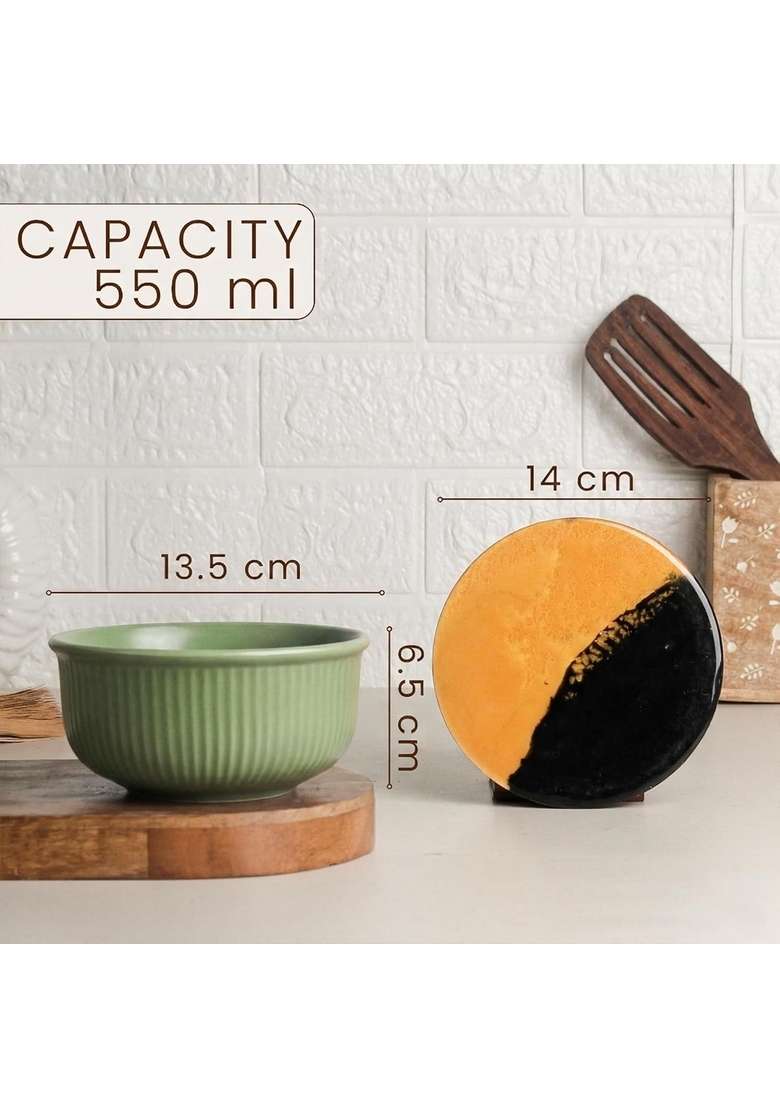 The Earth Store Green Fringe Ceramic Bowl Serving Set | 500 ml | 16.9 fl oz - Indya