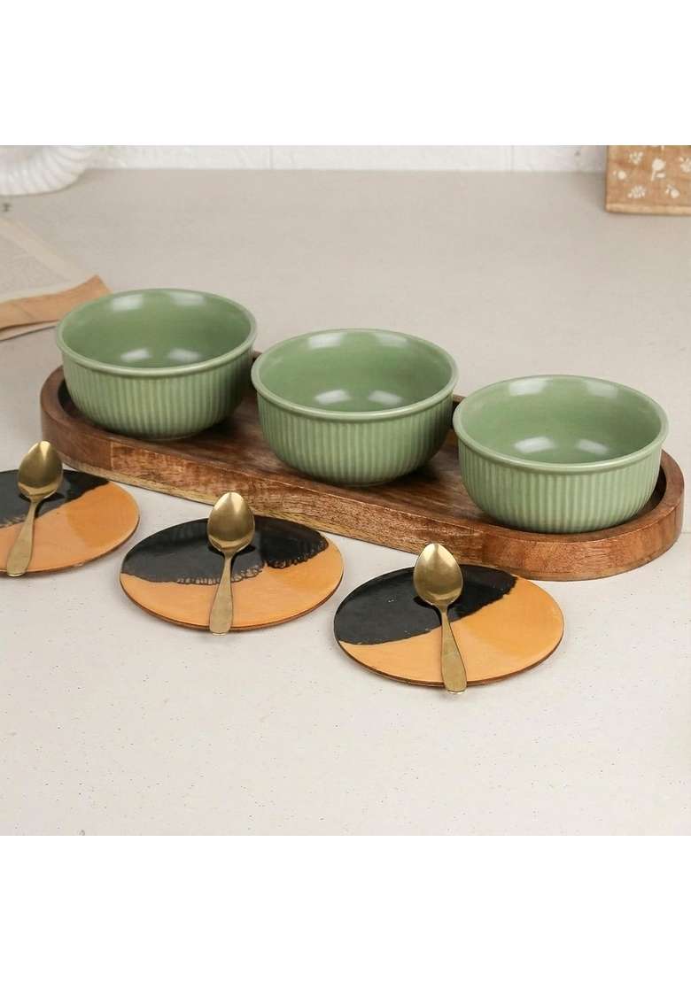 The Earth Store Green Fringe Ceramic Bowl Serving Set | 500 ml | 16.9 fl oz - Indya
