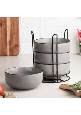 The Earth Store Grey Marble Ceramic Bowl Set with Black Metal Stand | 500 ml | 16.9 fl oz | Microwave Safe