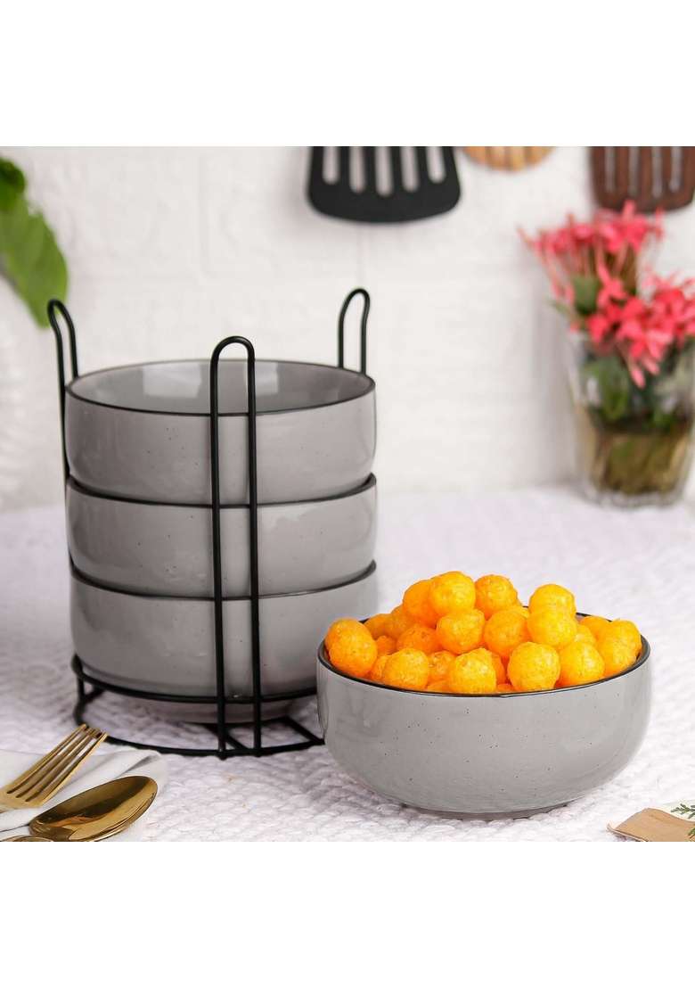 The Earth Store Grey Marble Ceramic Bowl Set with Black Metal Stand | 500 ml | 16.9 fl oz | Microwave Safe - Indya
