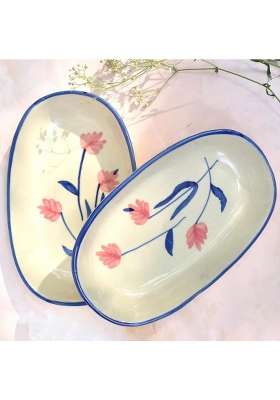 QSHI Studio Ceramic Camellia Oval Bowl for Serving Snacks | 2-Piece Set | Microwave Safe