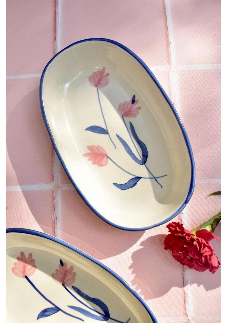 QSHI Studio Ceramic Camellia Oval Bowl for Serving Snacks | 2-Piece Set | Microwave Safe - Indya