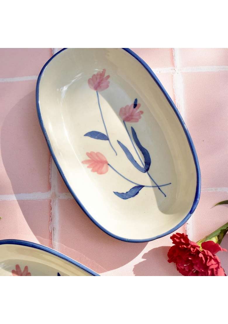 QSHI Studio Ceramic Camellia Oval Bowl for Serving Snacks | 2-Piece Set | Microwave Safe - Indya