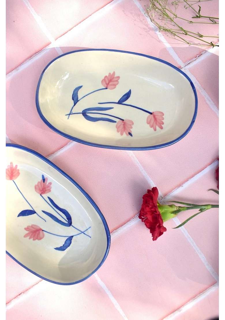 QSHI Studio Ceramic Camellia Oval Bowl for Serving Snacks | 2-Piece Set | Microwave Safe - Indya