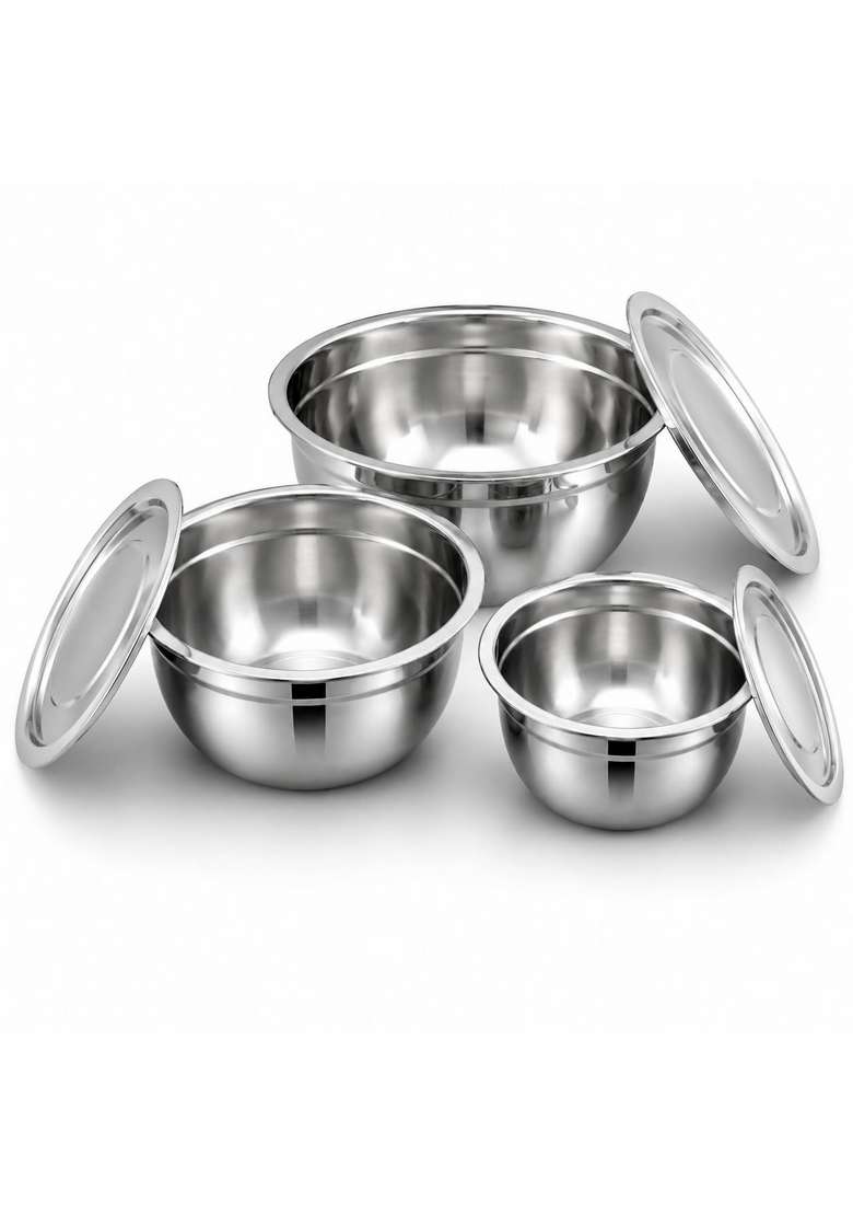 KC Stainless Steel Mixing Bowls with Lids | 700 ml | 23.7 fl oz | 3-Piece Set | With Lid | Food Safe - Indya