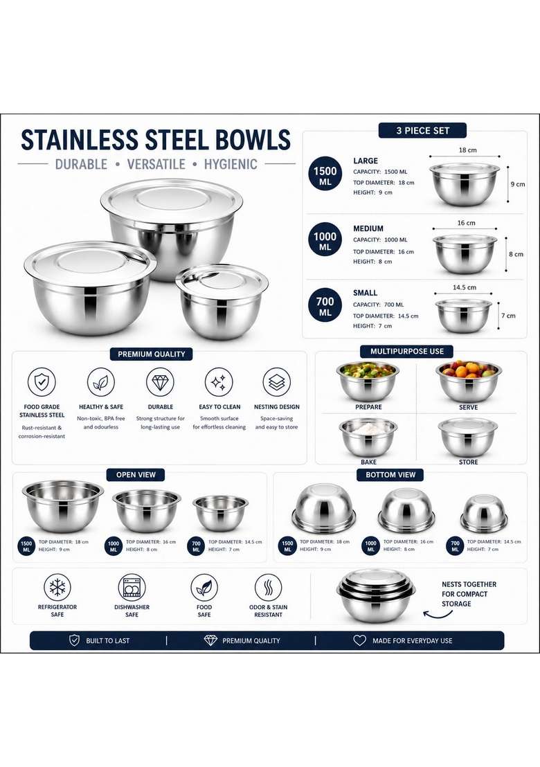 KC Stainless Steel Mixing Bowls with Lids | 700 ml | 23.7 fl oz | 3-Piece Set | With Lid | Food Safe - Indya