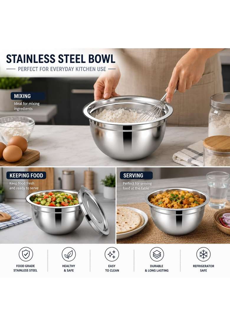 KC Stainless Steel Mixing Bowls with Lids | 700 ml | 23.7 fl oz | 3-Piece Set | With Lid | Food Safe - Indya