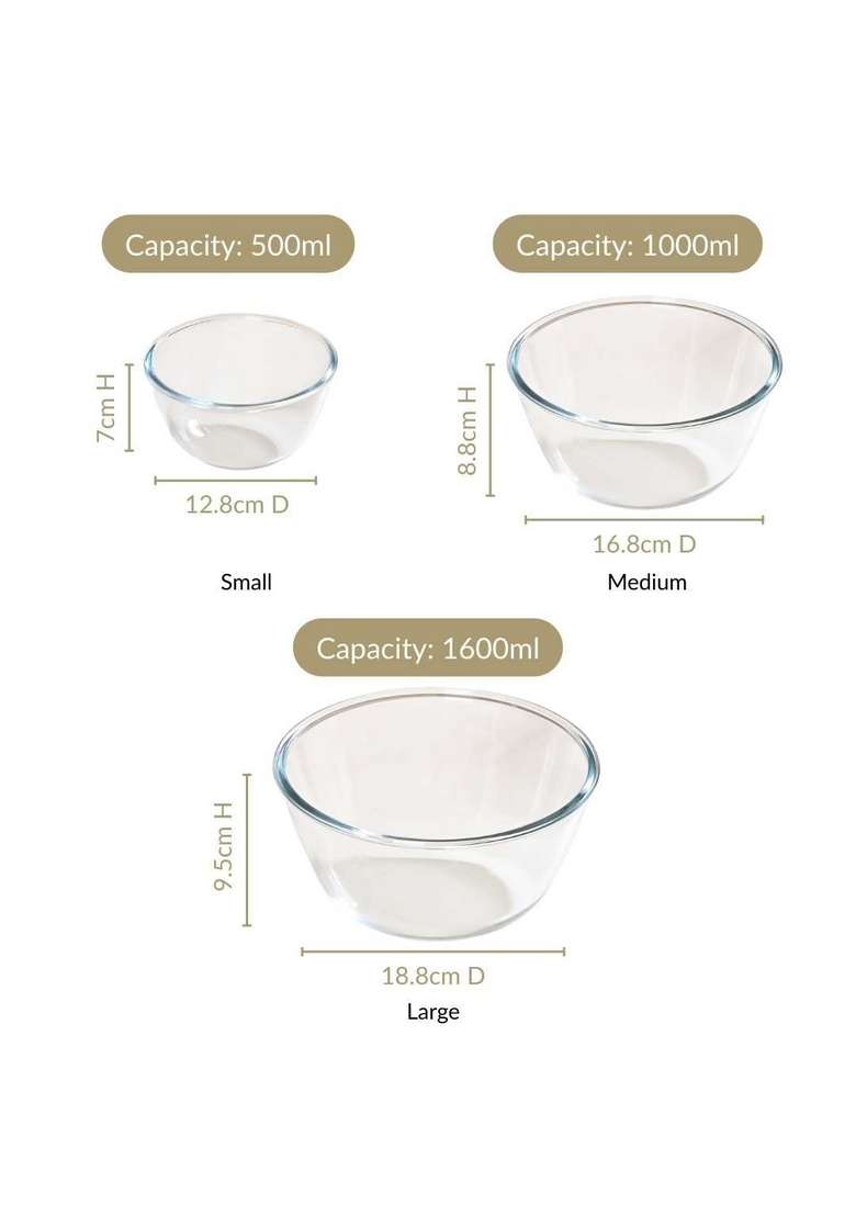 Nestasia Borosilicate Glass Mixing Bowls for Kitchen | 500 ml | 16.9 fl oz | 3-Piece Set | Dishwasher Safe | Microwave Safe - Indya
