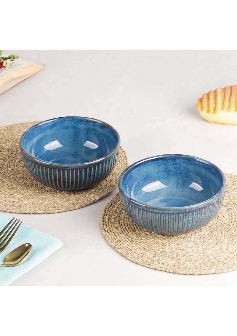 The Earth Store Glam Blue Each Ceramic Bowls for Kitchen | 500 ml | 16.9 fl oz | 2-Piece Set | Dishwasher Safe | Microwave Safe - Indya