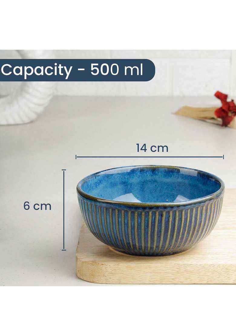 The Earth Store Glam Blue Each Ceramic Bowls for Kitchen | 500 ml | 16.9 fl oz | 2-Piece Set | Dishwasher Safe | Microwave Safe - Indya