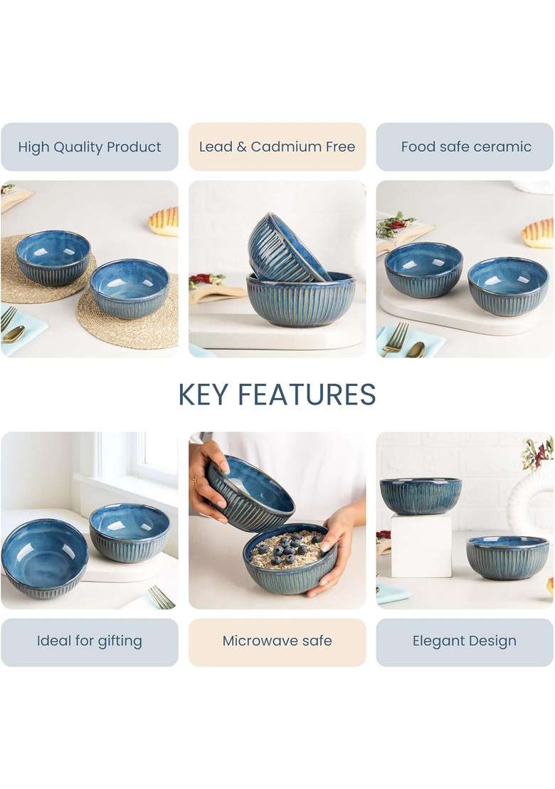 The Earth Store Glam Blue Each Ceramic Bowls for Kitchen | 500 ml | 16.9 fl oz | 2-Piece Set | Dishwasher Safe | Microwave Safe - Indya