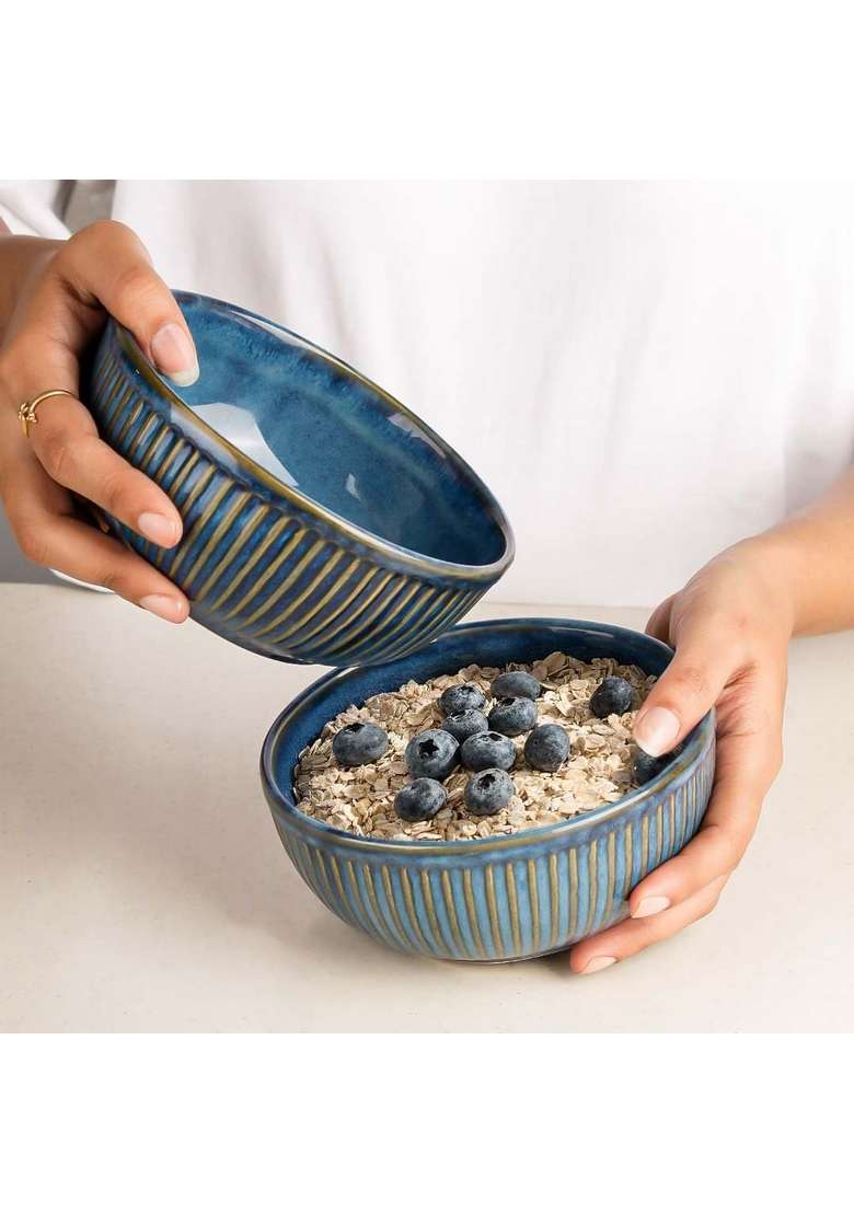 The Earth Store Glam Blue Each Ceramic Bowls for Kitchen | 500 ml | 16.9 fl oz | 2-Piece Set | Dishwasher Safe | Microwave Safe - Indya