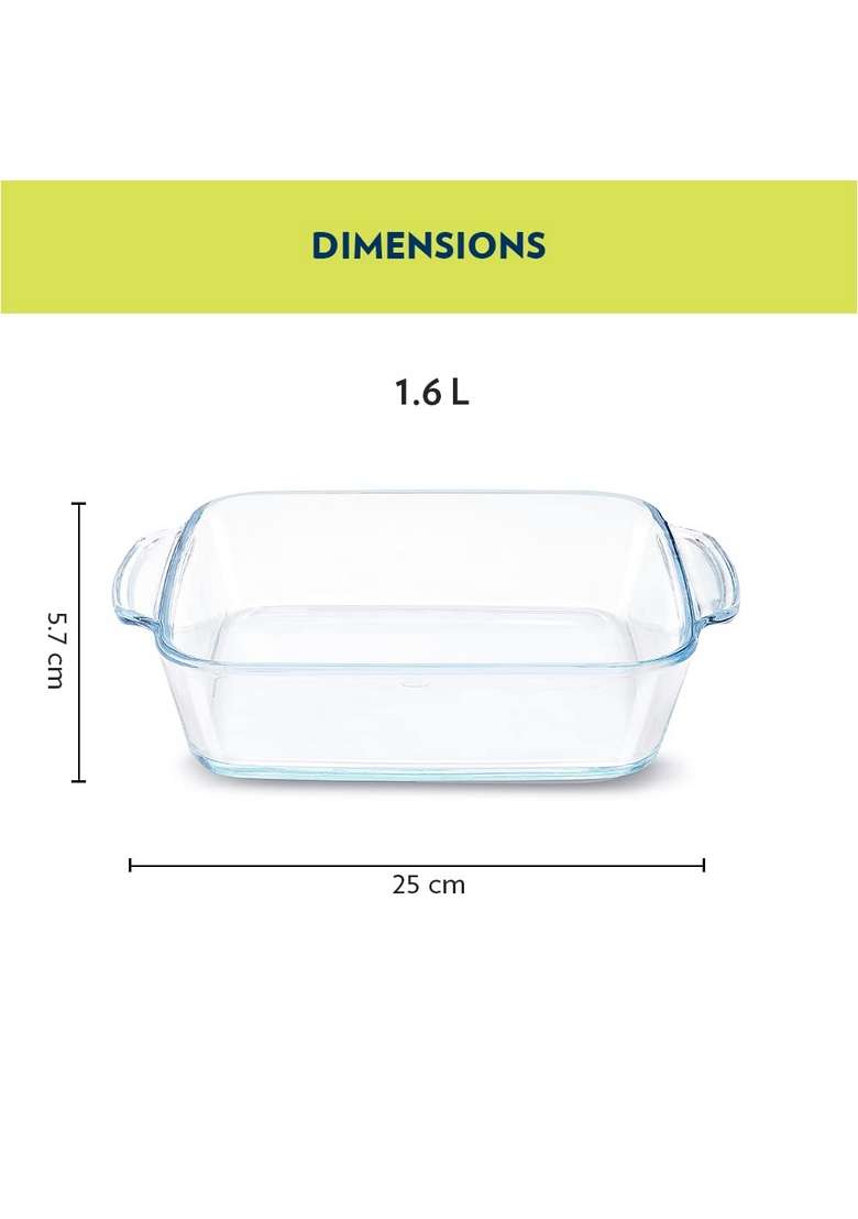 Borosil Baking and Serving Dish with Handle | 1.6 L | 1.7 Qt | Dishwasher Safe | Microwave Safe - Indya