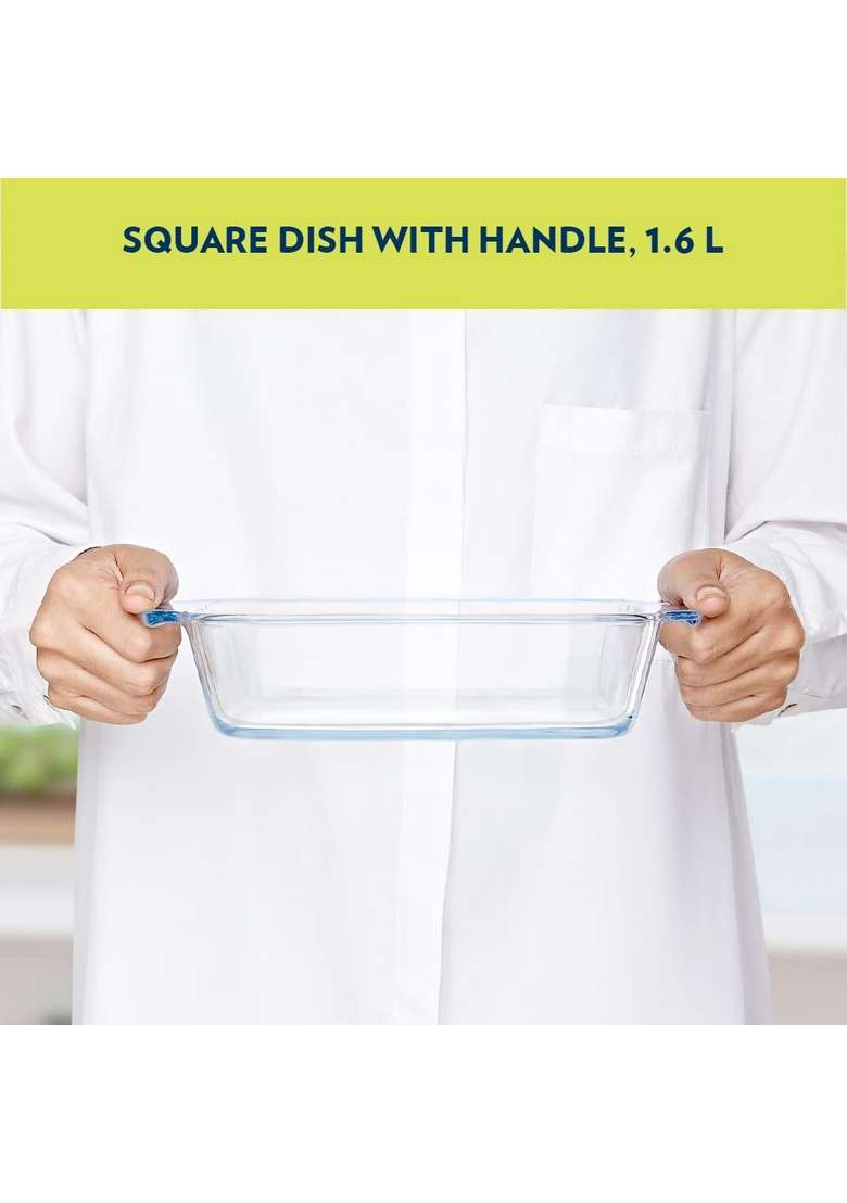 Borosil Baking and Serving Dish with Handle | 1.6 L | 1.7 Qt | Dishwasher Safe | Microwave Safe - Indya