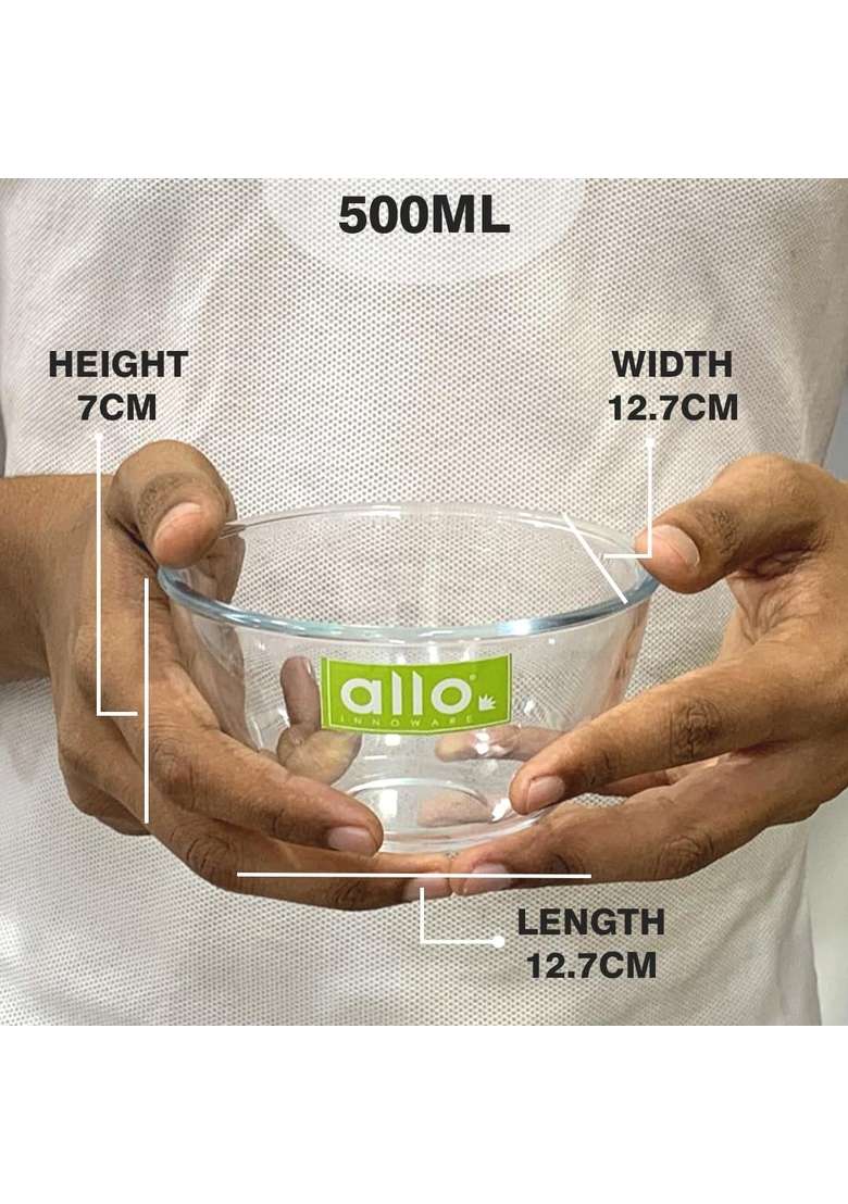 Allo Food Safe Borosilicate Glass Mixing and Serving Bowls for Kitchen | 500 ml | 16.9 fl oz | Dishwasher Safe | Microwave Safe - Indya