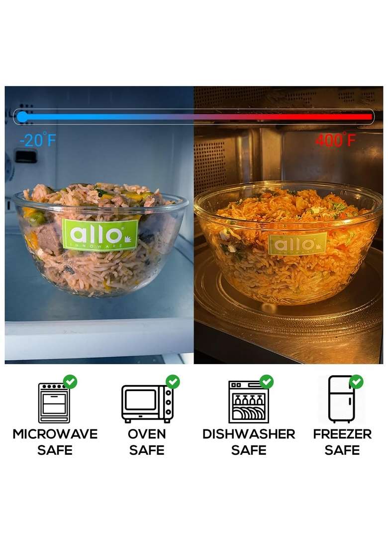 Allo Food Safe Borosilicate Glass Mixing and Serving Bowls for Kitchen | 500 ml | 16.9 fl oz | Dishwasher Safe | Microwave Safe - Indya